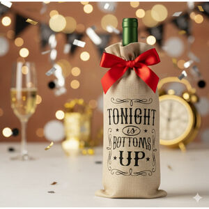 Burlap Wine Bottle Gift Bag with Red Ribbon – “Tonight is Bottoms Up” Party Bag